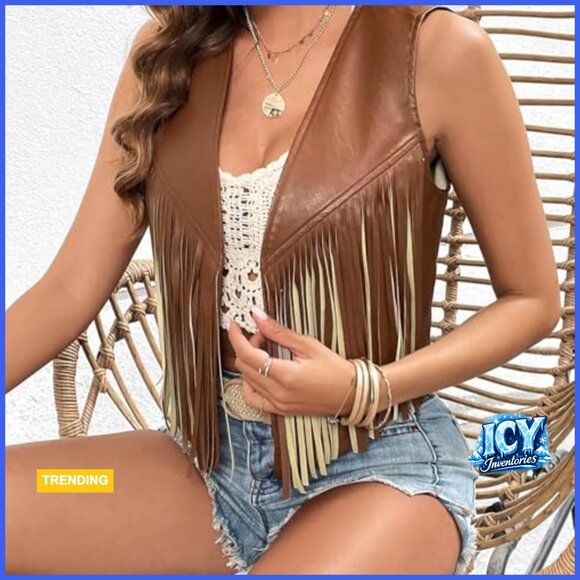 Women's PU Leather Fringe Vest Sleeveless Open Front Tassel Waistcoat - Picture 6 of 7